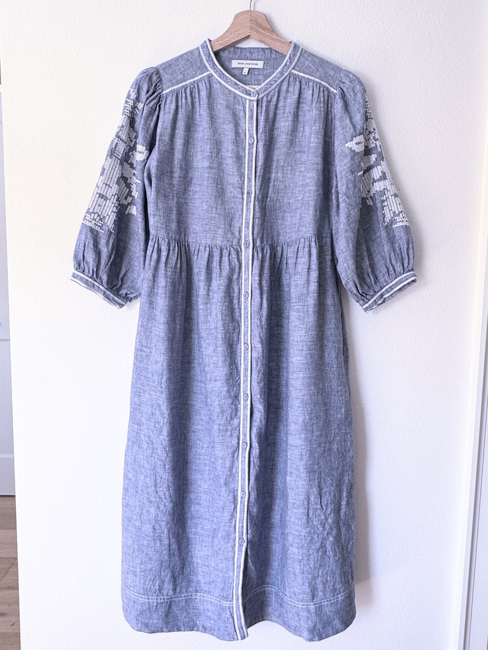 Rose and Rose Luxury Chambray Embroidered Button Down Midi Dress